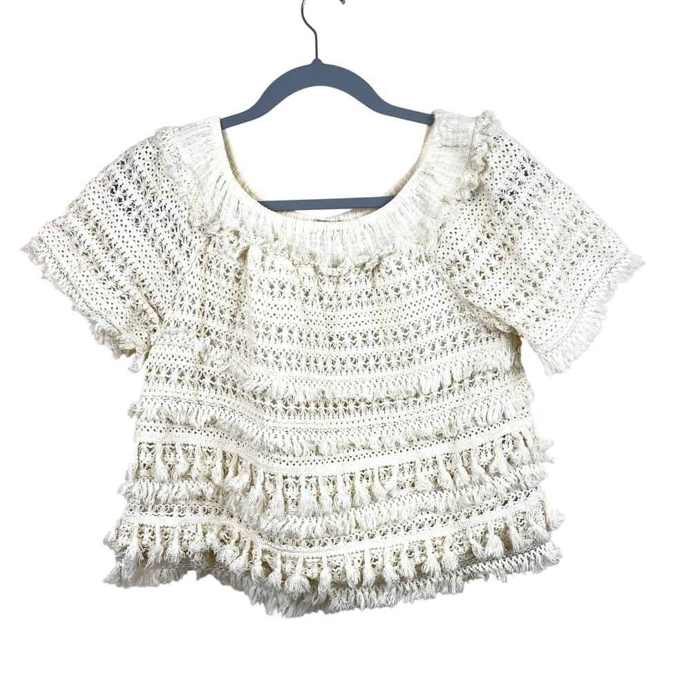 Womens Top Sz Cotton Crochet Open Knit Cottage Coastal Boho Festival Fairy Cream